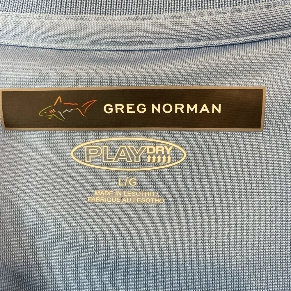 Greg Norman~Light Blue & Black Stripped Play Dry Golf Polo Shirt~Size L